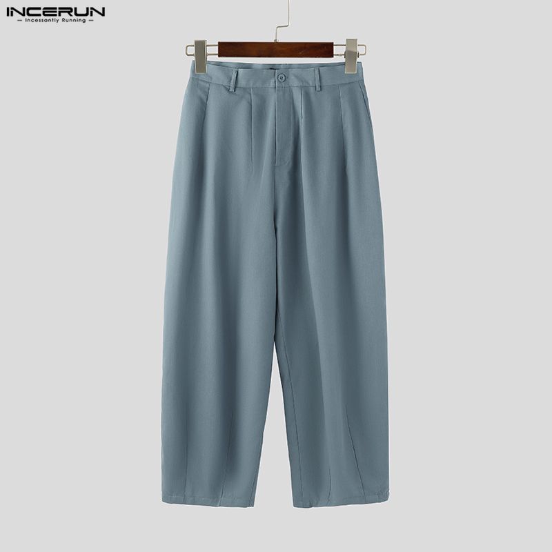 INCERUN Men Casual High Waist Zip-up Casual Baggy Long Pants Trousers