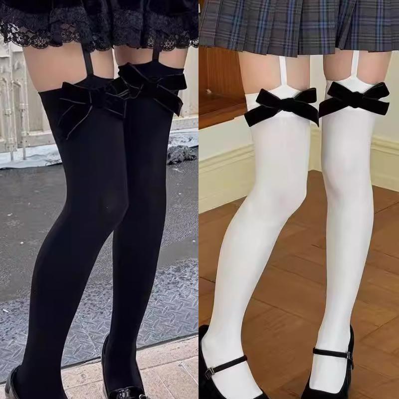 Black White Bowknot Garter Socks Y2K Retro Lace-Up Suspender Stocking Slimming Soft Elastic Tights Cute Girl Jk Lolita Pantyhose