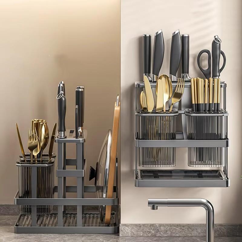 Wall Mounted Kitchen Organizer Knife Rack Cutlery Organizer  Spoon Fork Chopstick Drain With Drain Tray  Board Drain Shelf