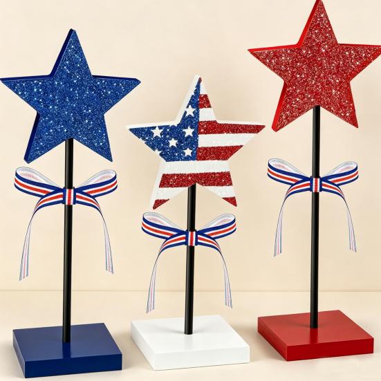 3 Pcs 4th of July Wooden Star Signs, Red White Blue Glitter Patriotic Star Table Centerpiece for Independence Day, Tiered Tray, Tabletop Decor