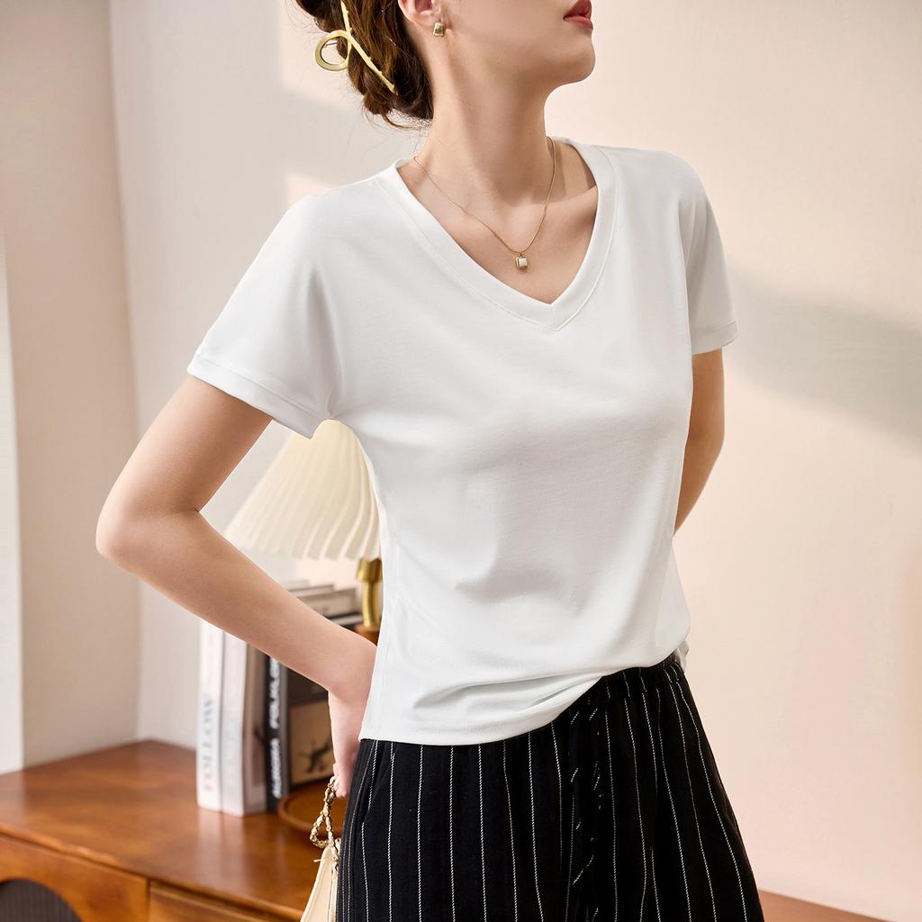 Loose Slim White Short-sleeved T-shirt for Women's Summer New V-neck Top