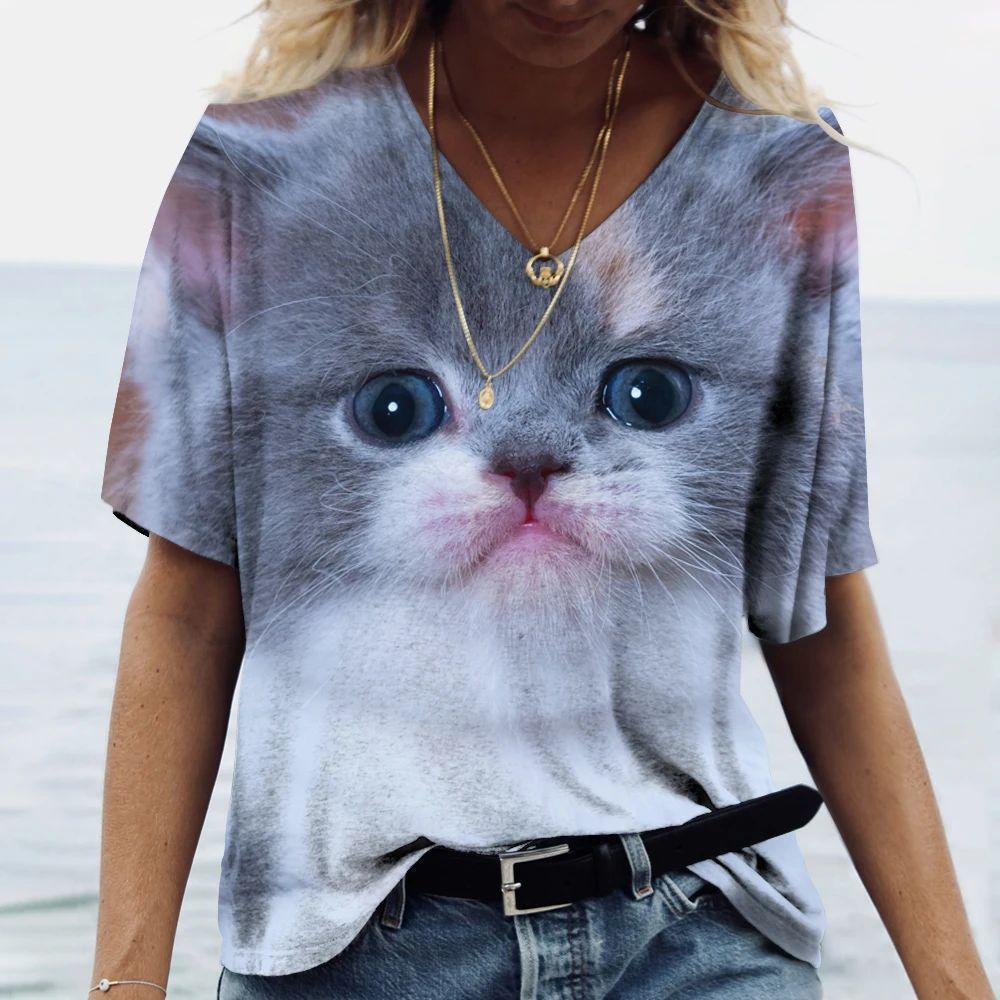 Summer V-neck 3D Cute Animal Cat Printed Top Fashionable Casual Short Sleeved Women's T-shirts