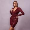 Red Sequin V-neck Evening Party Dress with Regular Sleeves