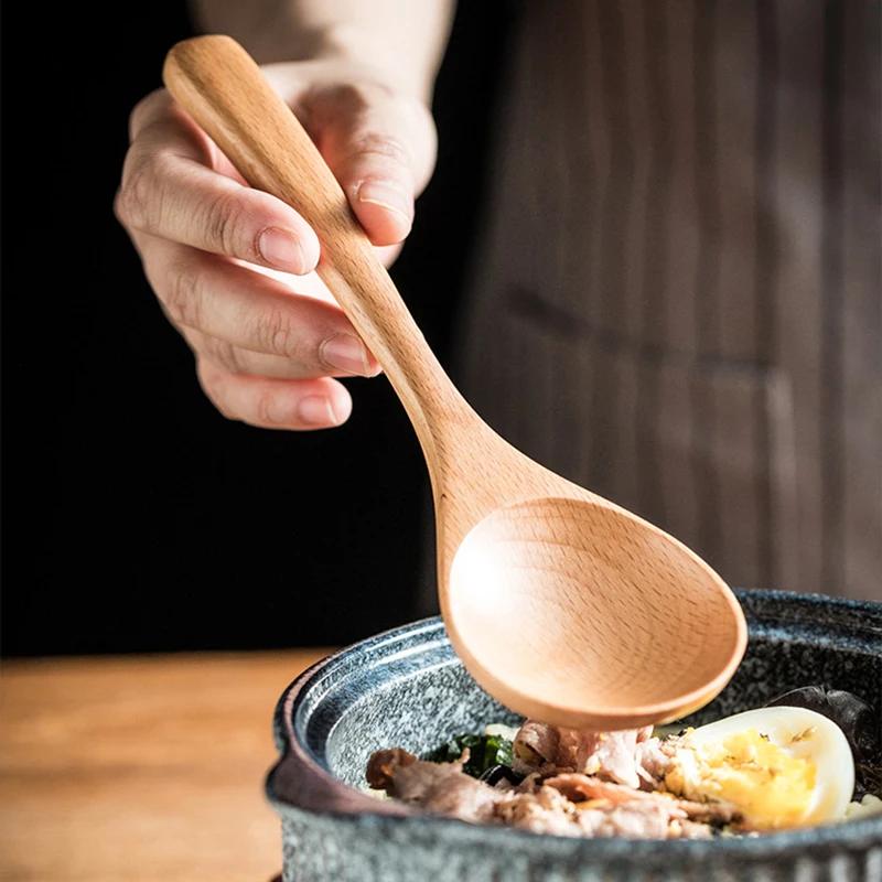 2 Stück Holz-Löffel-Set Große Ramen-Nudelsuppen-Löffel Langer Holz-Küchen-Kochlöffel Servierlöffel Holzbesteck Geschirr
