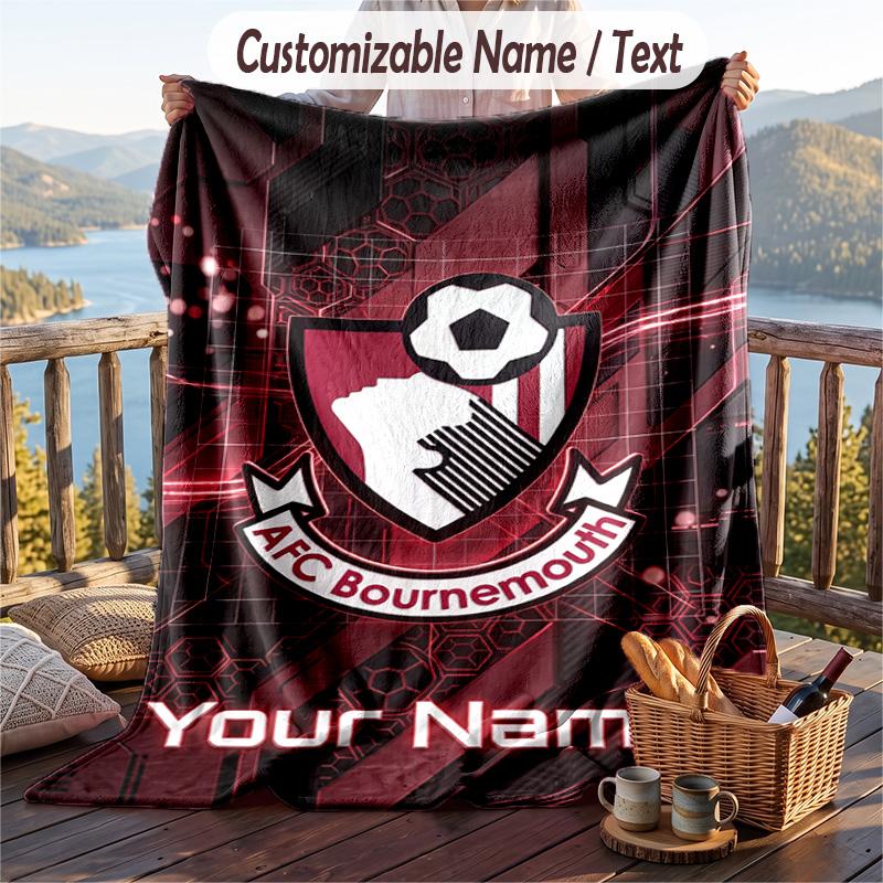 Flannel Blanket Bournemouth Football Print Custom Name Text Soft Throw for Sofa Bed