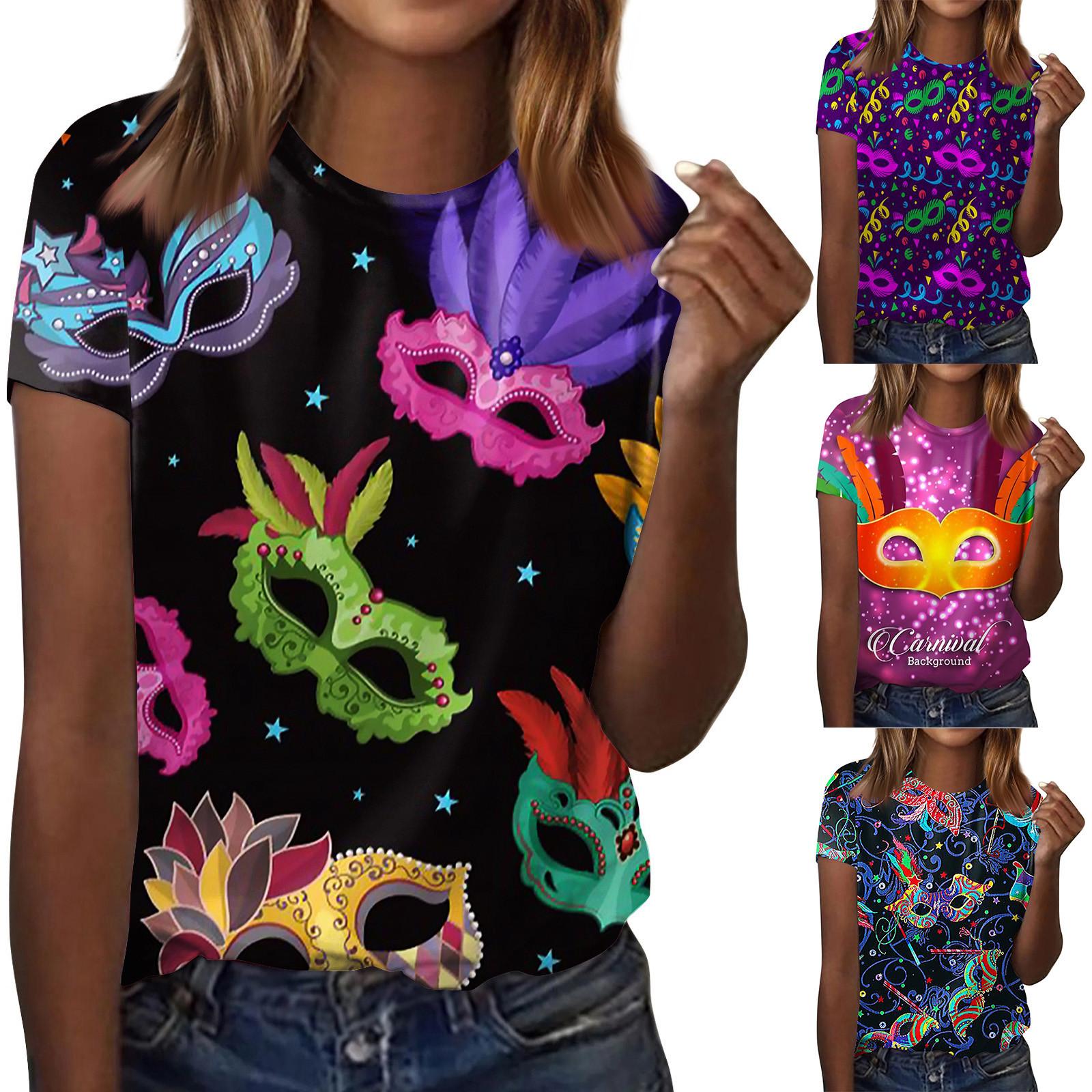 

Женская мода повседневная маска Марди Гра с коротким рукавом с принтом и круглым вырезом Топ L чёрный