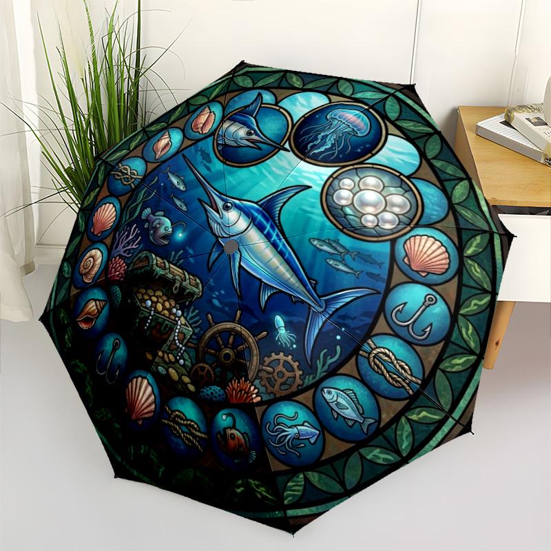 Ocean Life Glass Pattern Umbrella, Portable and Foldable Design, 8 Ribs, a Casual Accessory for Halloween, Christmas, and Birthday Gifts.