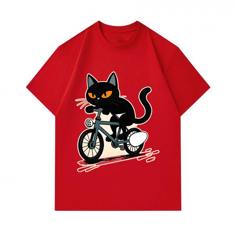 Men's 100% Cotton Crew Neck Short Sleeve T-Shirt, Funny Riding Bicycle Black Cat Graphic Casual Tee, Comfortable Breathable Summer Top for Daily Stree