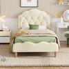 Upholstered Bed, Wave-shaped Headboard with Pull-point Strip, with Multicolored Changing LED Strips, Children's Bed, Wooden Slats, PU, Beige, 90x200cm