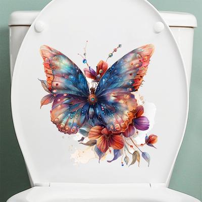 Elegantní květinové a motýlí samolepky na WC, voděodolné, odnímatelné, samolepicí dekorace na stěnu do koupelny