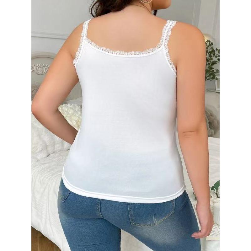 Women's Beige Lace Trim Tank Top Solid Color Square Neck Sleeveless Cami
