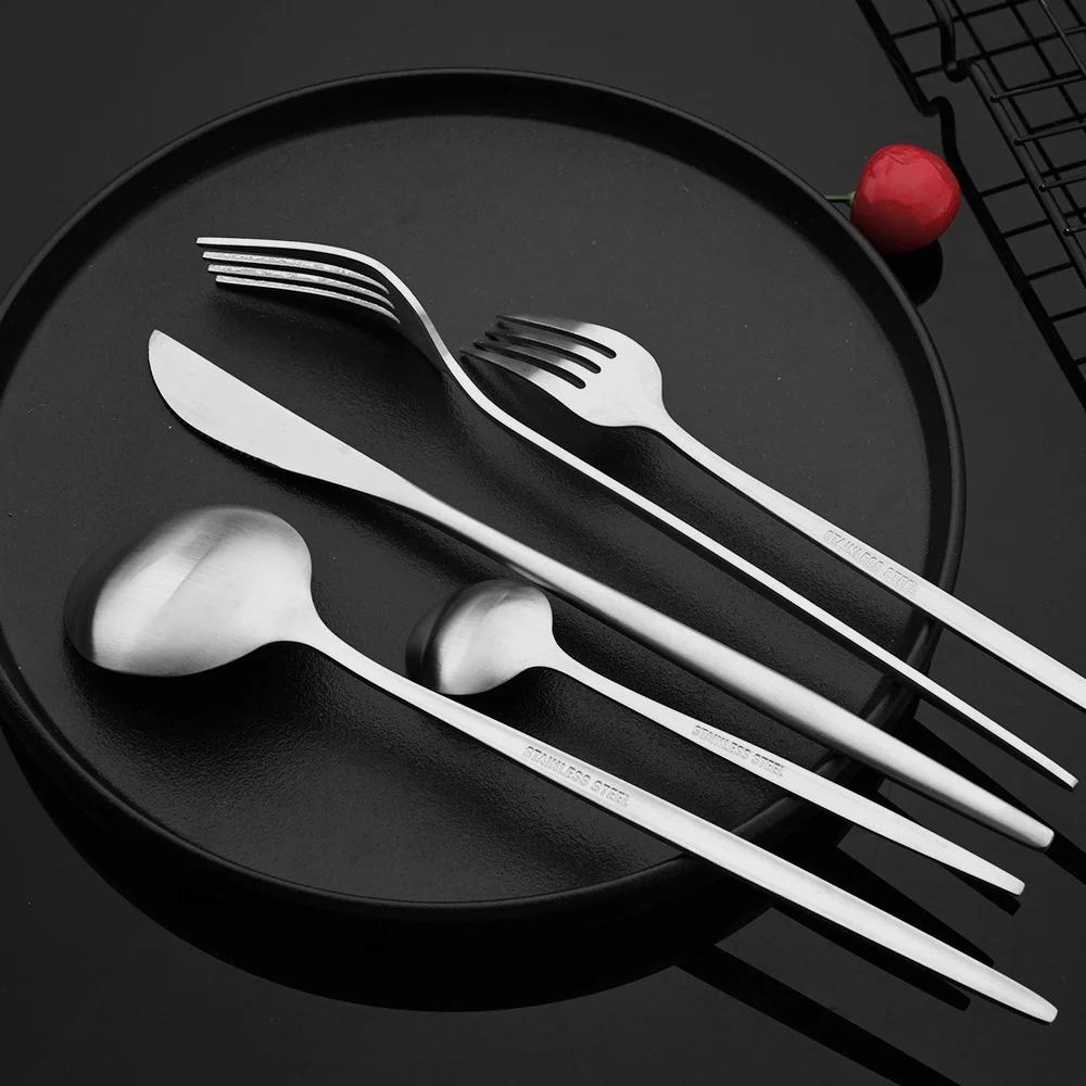 6Pcs Silver Tableware Set Knife Fork Long Handle Spoon Dinnerware Dessert Flatware Matte Cutlery Stainless Steel Silverware