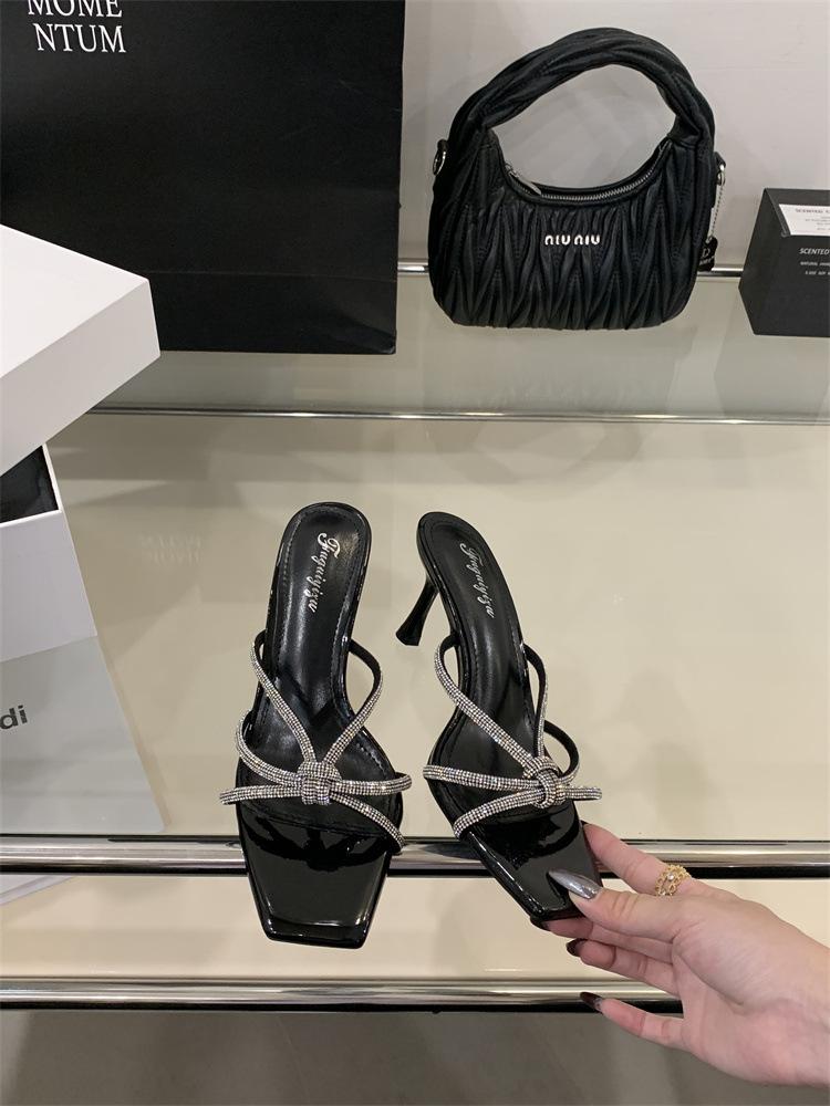 Square Head Rhinestone High-heeled Drag Women's Outer Wear 2025 Summer New Evening Wind Beauty One Foot Cool Slippers