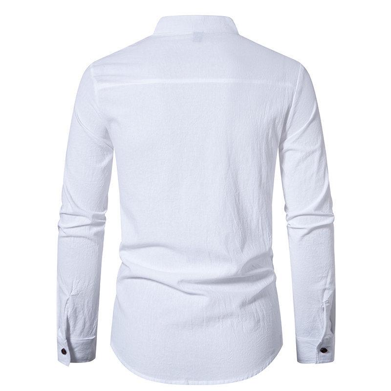 Bavlněná lněná košileNová pánská vintage bavlněná lněná krepová košile s límečkem Henley