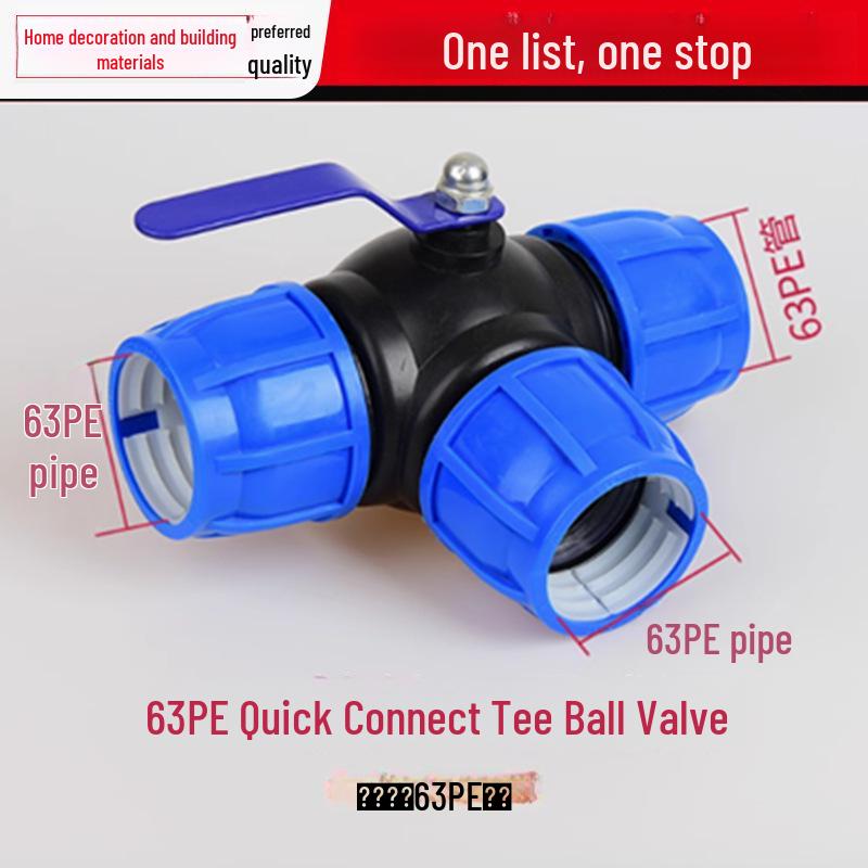 PE Kulventil Snabbkoppling Trefördelningsrörkoppling för Kranvatten, Kompatibel med 20, 25 och 32 Rör.