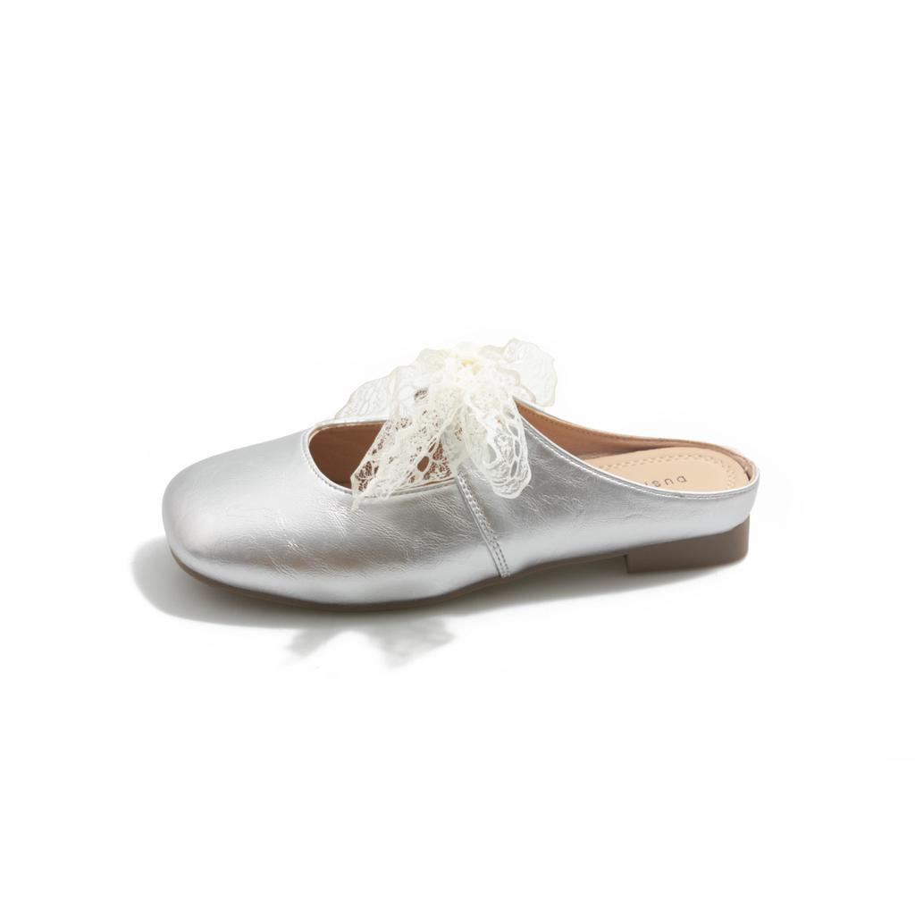 French sandals bow lace bag head half slippers women's summer wear 2025 new square head Mary Jane single shoes