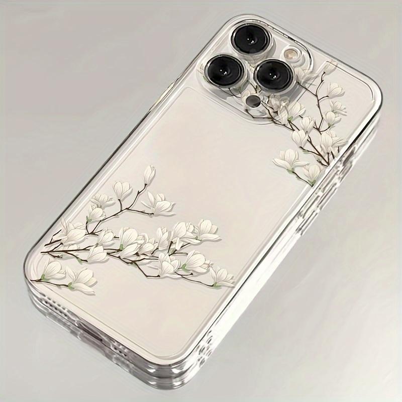 Magnolia pattern transparent phone case suitable for iPhone 17 16 15 14 13 12 11 Pro/Max/Plus anti drop and shockproof