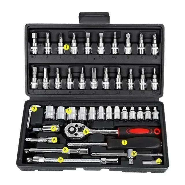 46-Piece 1/4-Inch Mechanics Tool Kit With Quick-Release Ratchet Screwdriver Kit Extension For Manual Use On Automobiles
