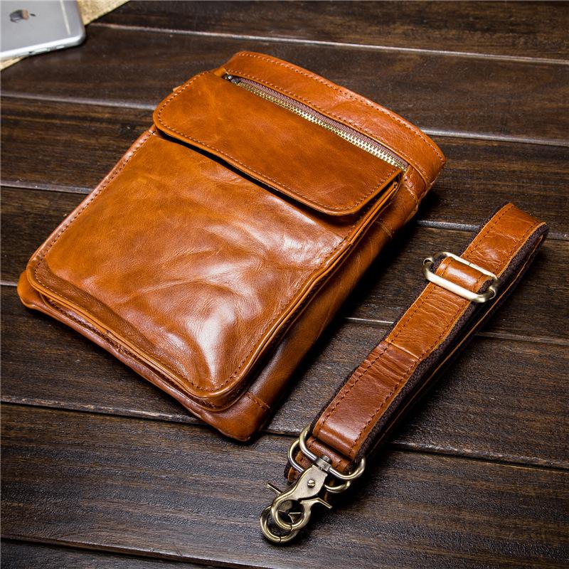 Vrijetijd Multifunctionele 7-inch Echte Lederen Telefoon Tas voor Mannen, Olie Was Leer Buiten Koeienhuid Retro Taille Kleine Hangende Tas