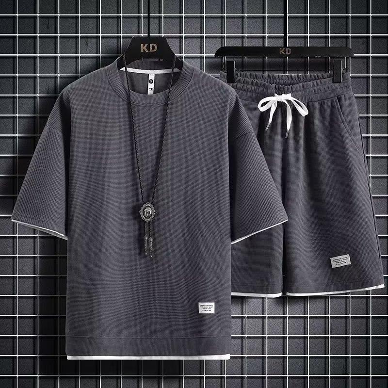 Летняя мужская мода, повседневная футболка с короткими рукавами, шорты, повседневный спортивный костюм M серый