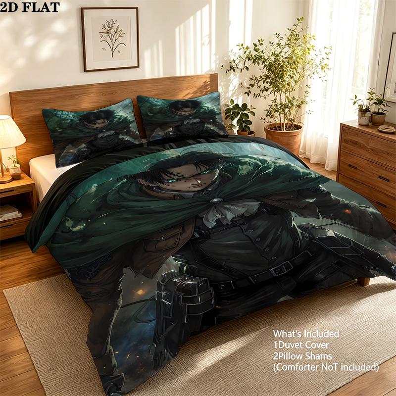 Attack Titan Pattern Bedding Quilt Set Quilt Cover Pillowcase Home Birthday Gift(1 * Duvet Cover + 2 * Pillowcase, Without Core)