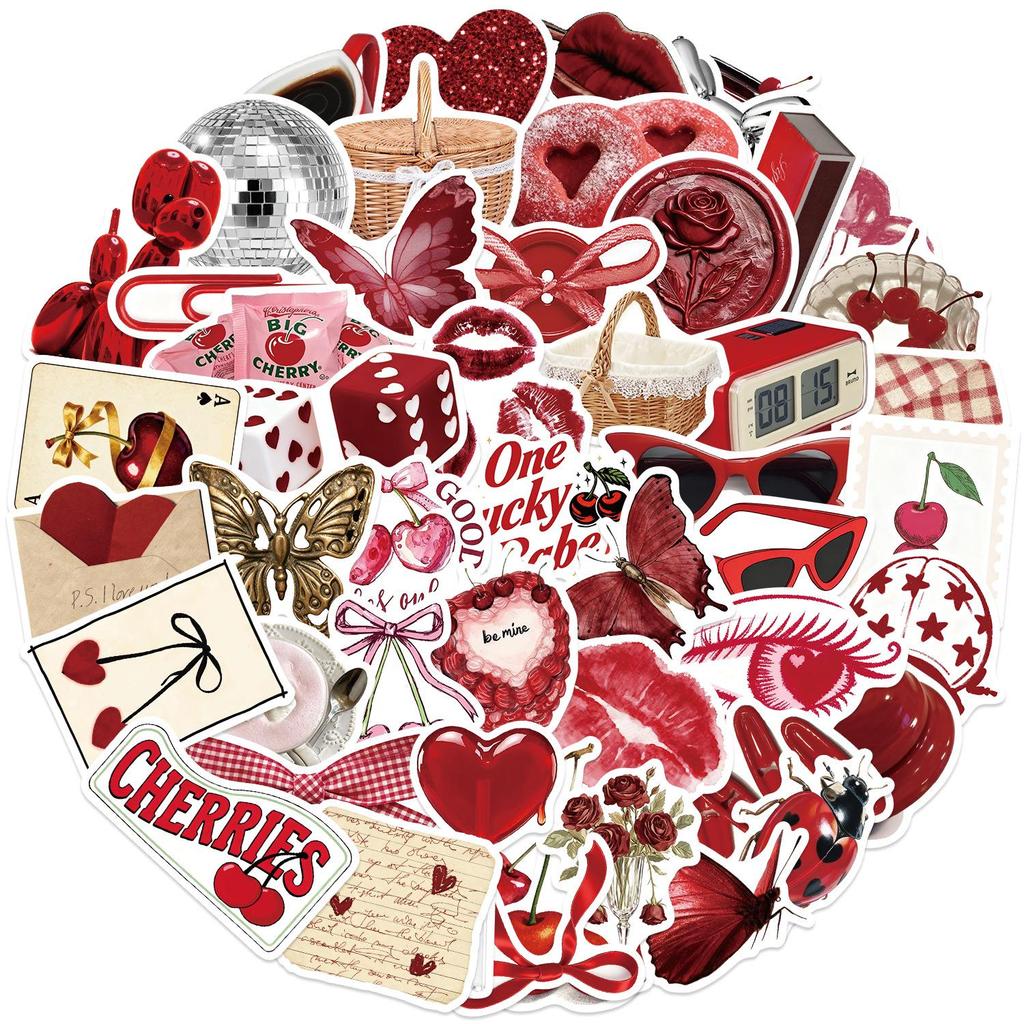 50 Cherry-Colored English Graffiti Stickers: Waterproof, Self-Adhesive for Scrapbooks & Phone Cases