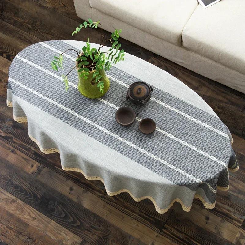 

Cotton and Linen Oval Tablecloth Tea Table Striped Tablecloth Lace Coffee Tea Table Cloth Modern Nordic Table Cover Decoration 80x120cm 1pcs