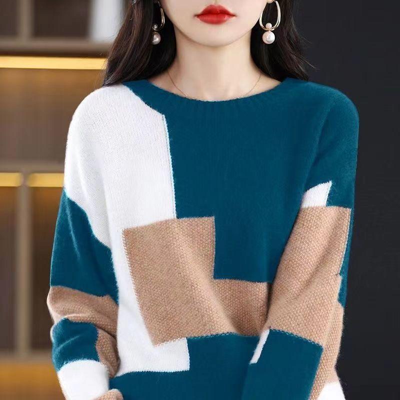 Women's Crew Neck Sweater Fall Winter Loose Knit Sweater Top Color Block Pullover Knit Jumper Outerwear