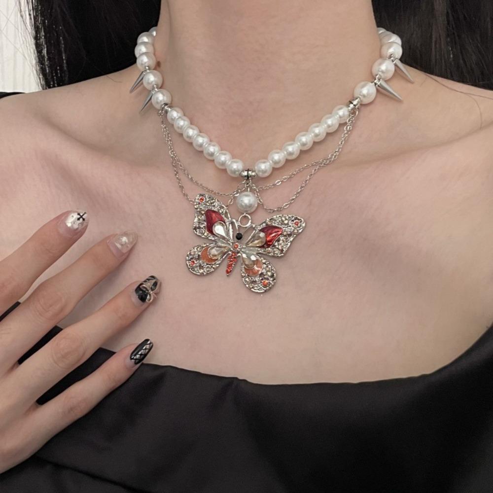 Rhinestone Vintage Metal Necklace Tassel Women's Choker Retro Butterfly Pearl Necklace  Girls