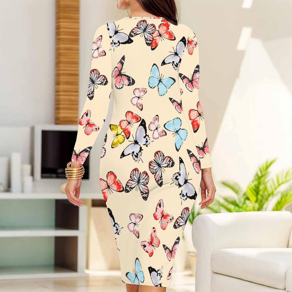 Women Plus Size Round Neck Long Sleeve Bodycon Midi Dress White Base Vibrant Multicolor Butterfly Print Pencil Dress