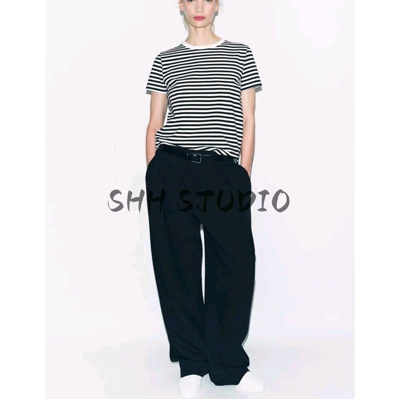 Spring New Women's Retro Versatile Multi-Color Double-Sided Cloth Slim-Fit Short-Sleeved round Neck T-shirt 4174378