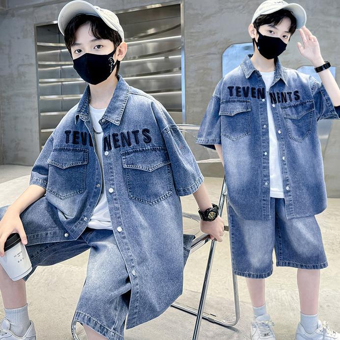 Boys Denim Suit Summer Clothes Children's Short Sleeve Shirt + Shorts Sports Korean Tracksuit Sets Kids Luxury Clothing Suit