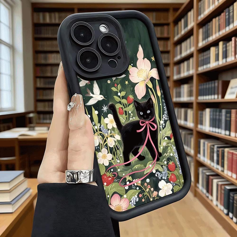 Black Cat in Flower Garden Soft TPU Phone Case For Samsung Galaxy S23 S24 S25 S26 Ultra S22 S21 S20 Plus FE A35 A55 A56 Cover