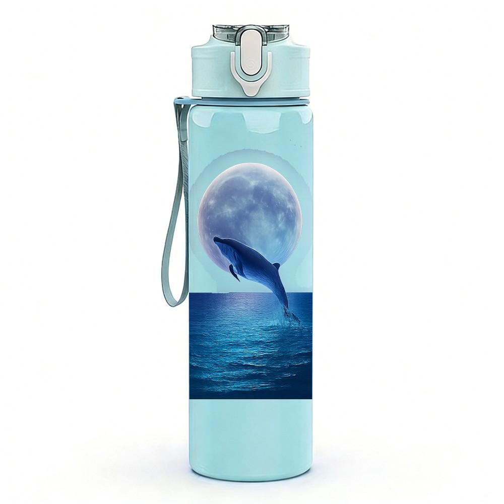 1PC Whale Moon Sea Night Scene Print 750ml Color Plastic Sports Water Bottle Leakproof Flip Straw Lid Suitable for Sports Office Home Use