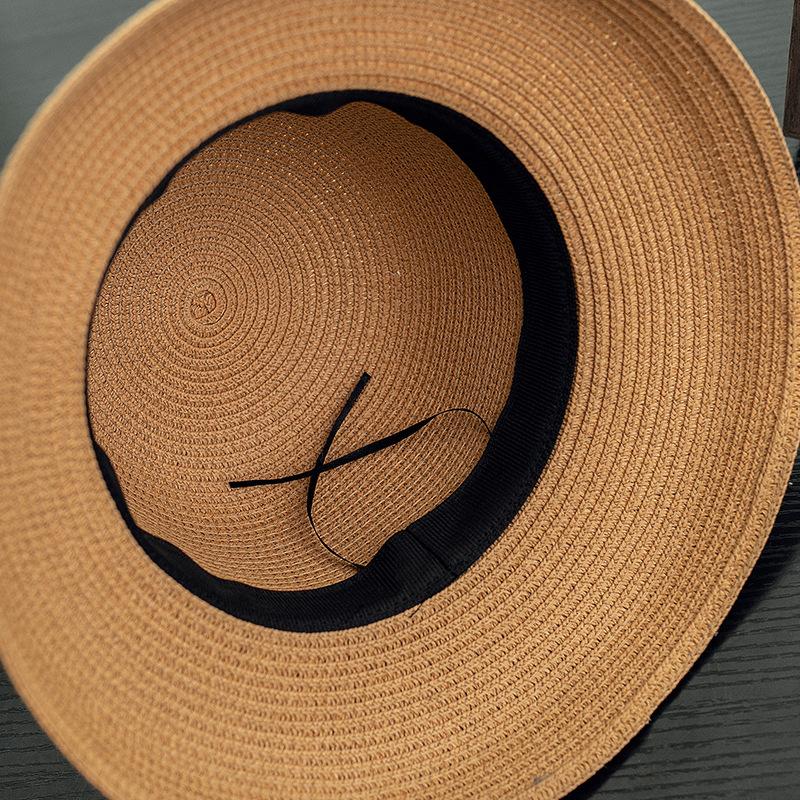 Black Ribbon Bowknot Straw Hat Classic Solid Color Sun Hats Elegant Summer Travel Beach Hats for Women Daily Use