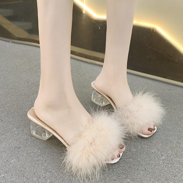 2025 Fluffy Peep Toe Sexy High Heels Women Shoes Fur Feather Lady Fashion Wedding Slip-On Pink Square Toe Women Sandals