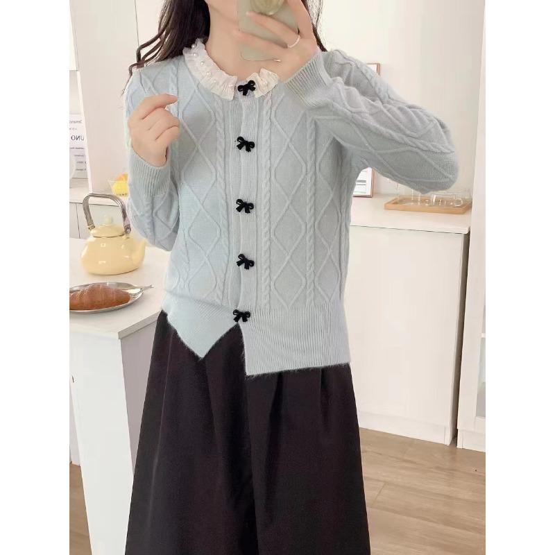 

Осень и зима новый ретро ленивый ветер твист свитер куртка женская пуговица-бабочка маленький дизайн вязаный кардиган женский One size светло-синий