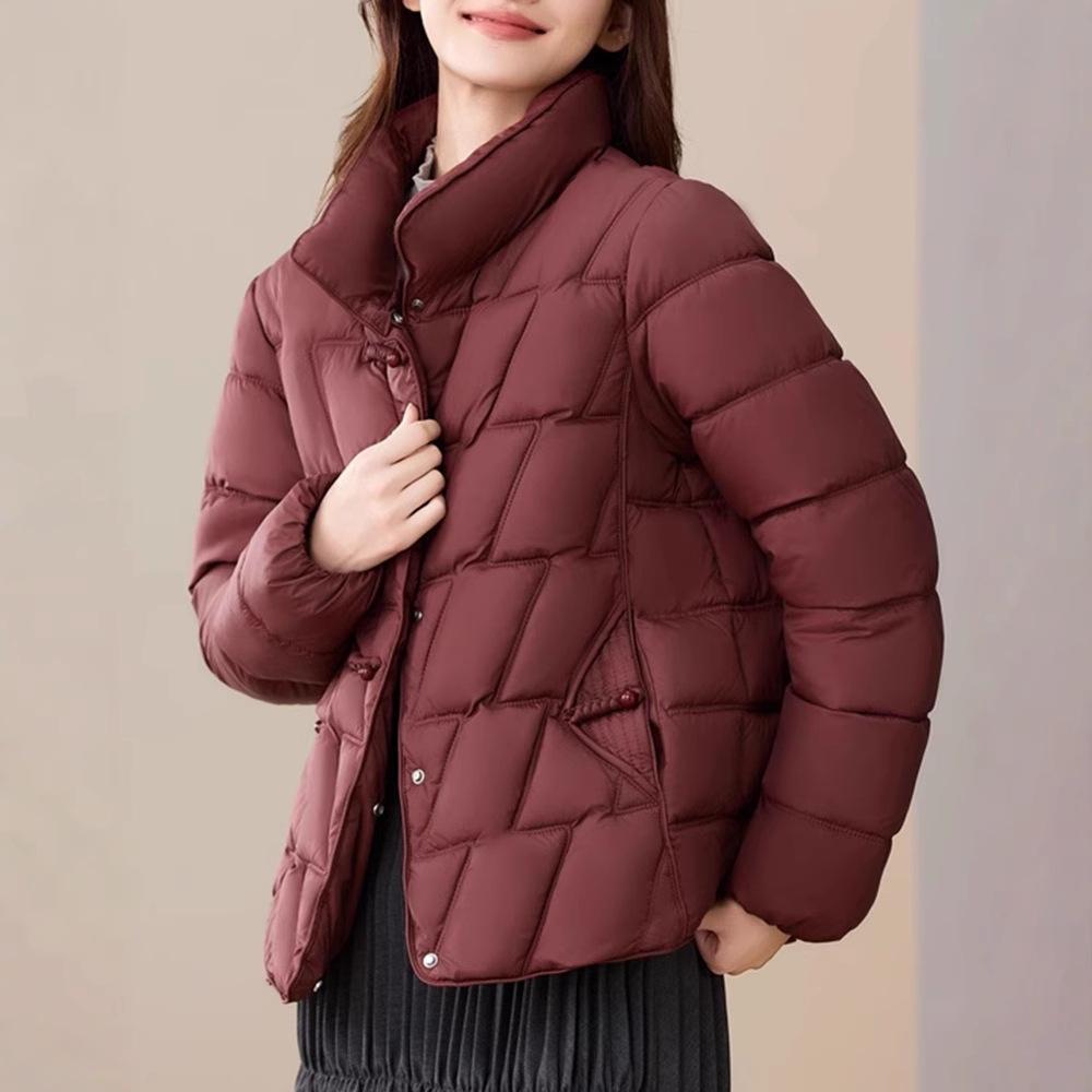 Women's Stand Collar Quilted Puffer Jacket Solid Color Long Sleeve Zip Pocket Short Winter Coat