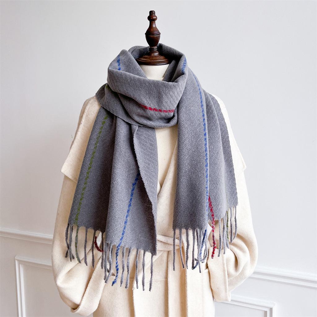 Winter Solid Color Fringed Imitation Cashmere Shawl Scarf Women'S Dual-Use Long Thermal Plaid Literary Ins
