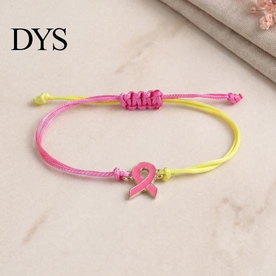 Stackable Wrist Accessories 2 Pcs Breast Cancer Awareness Bracelets, Adjustable Braided String Soft Woven Rope Jewelry Bracelets with Ribbon