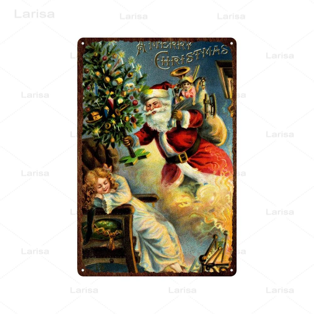 Christmas Vintage Tin Sign Santa Claus Plaque Metal Retro Plate Poster for Club Living Room Kitchen Home Wall Art Decoration