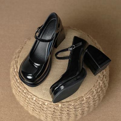Black Women's Mary Jane Leather Shoes Platform Buckle High Heels Chunky Heel Thick-soled Round Toe Lolita Pumps High Quality
