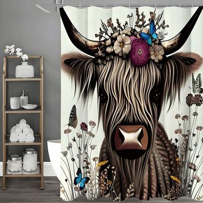Highland Cow Floral Shower Curtain, Bathroom Decorative Shower Curtain, Waterproof Shower Curtain with Hooks