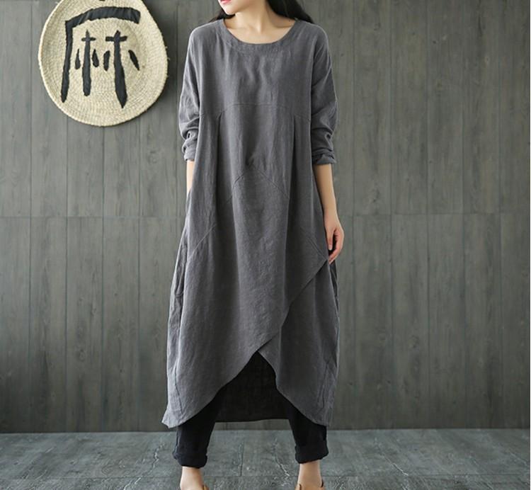 Spring Cotton And Linen Loose Fitting Slimming Dress For Women