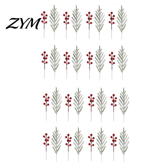 DIY Christmas Garland Decorations Artificial Snow Pine Branches And Red Berry Stems, Snowy Norfolk Stem, Faux Stems for Vase White Frosted Needles