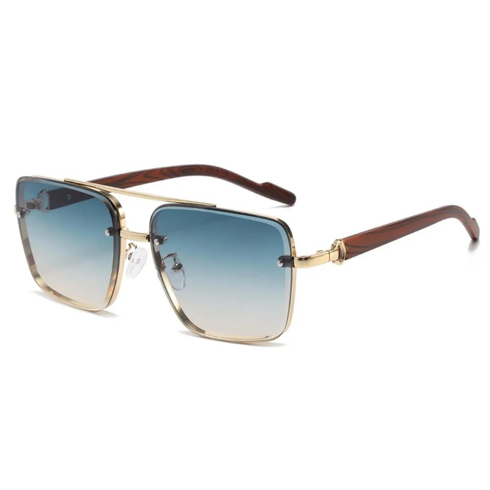 Double Bridge Metal Sunglasses Wood Grain Temple Gradient Lenses Summer Shades Square Frame Men's Driving Sun Glasses Unisex
