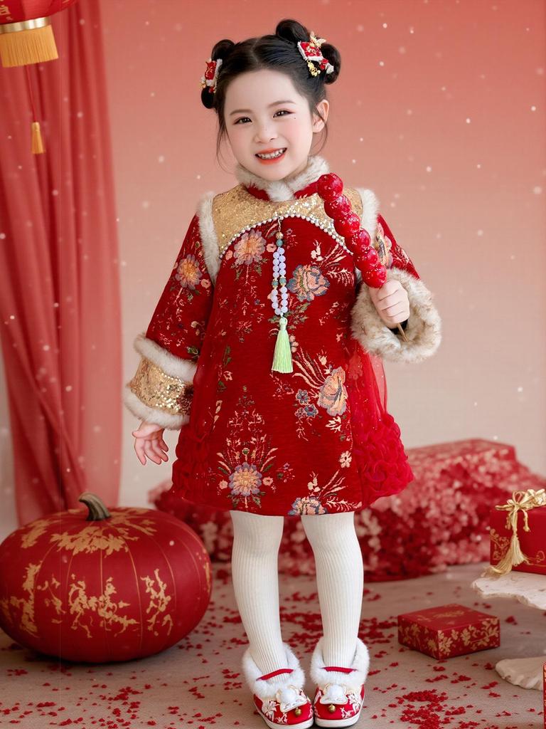 Jupe Hanfu Qipao Festive d'Hiver pour Filles - Style Chinois Épais pour le Nouvel An Combinaison Tang Vêtement Formel