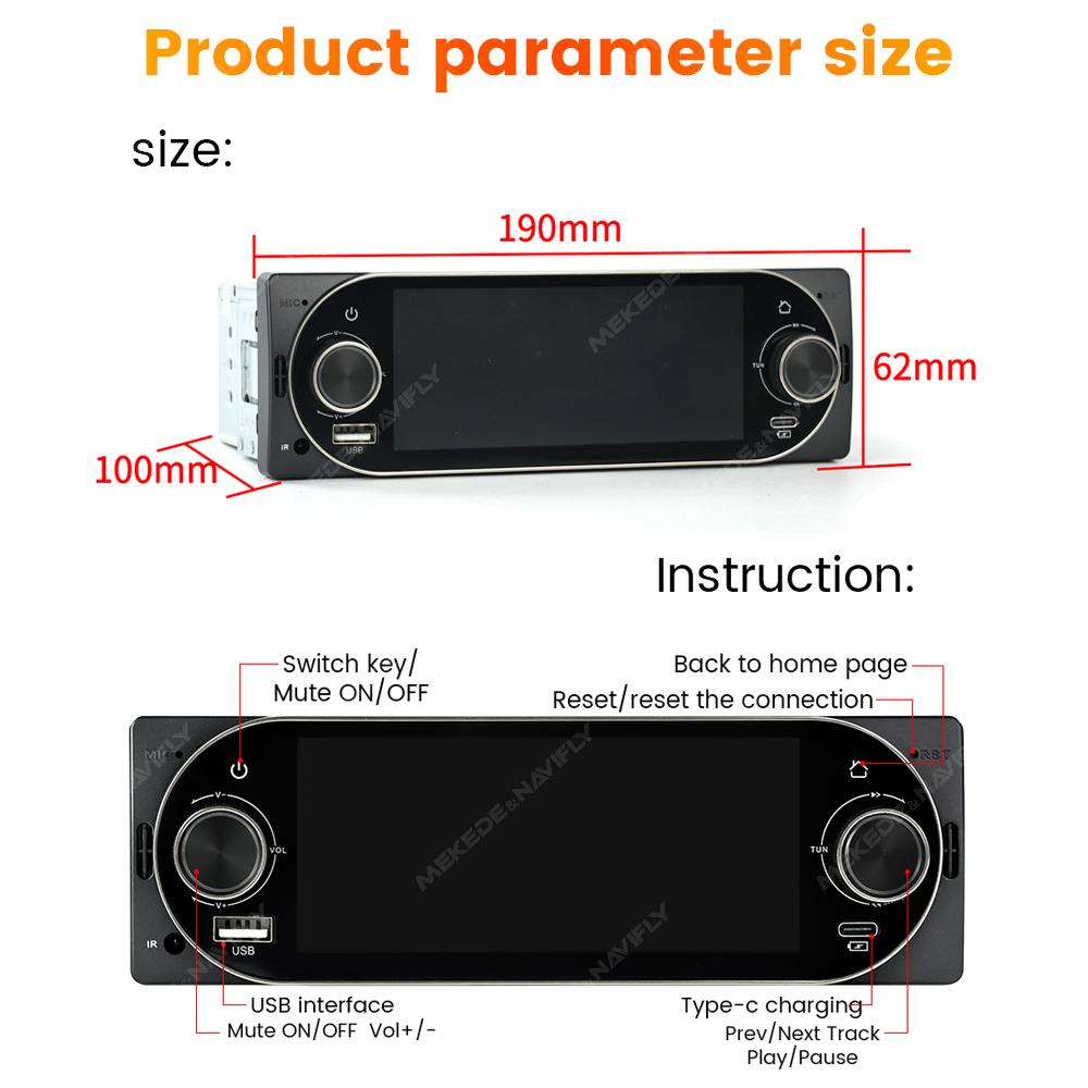 1DIN MP5 Dual-Knob Wireless Carplay Android Auto Car Radio for Universal 5.2 Inch HD Touch Srceen Video Player Smart BT Stereo