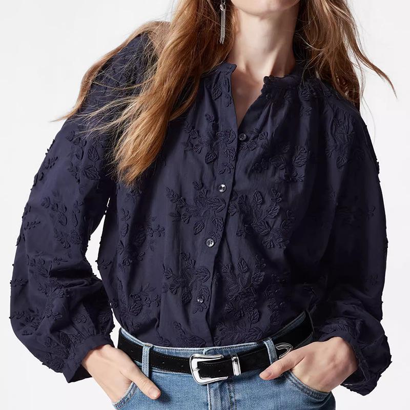 

Французская вышитая женская хлопковая блузка с длинным рукавом - Коллекция высокого класса Осень Small королевский синий