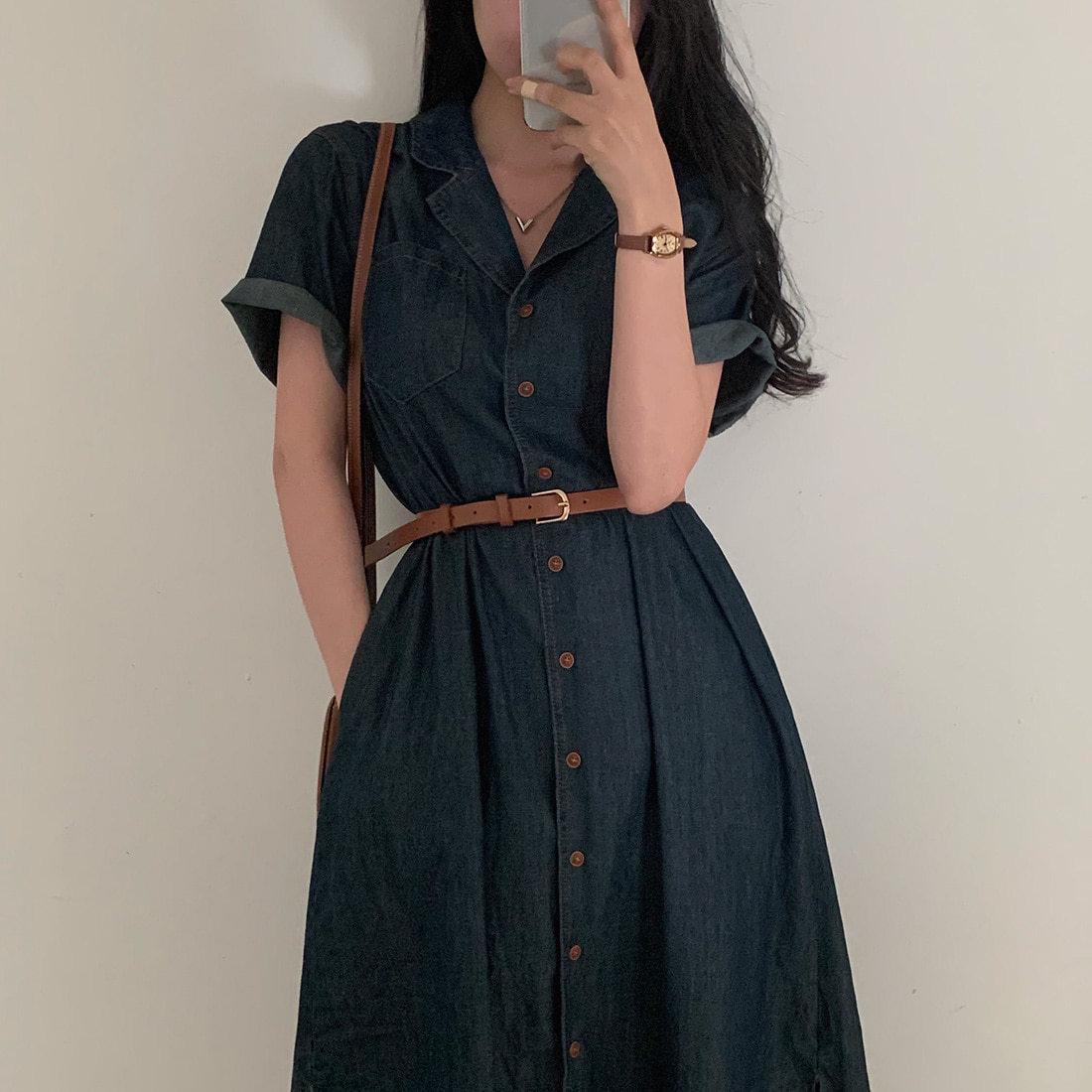 

Korean Style Short-Sleeve Denim Dress with Waist Belt for a Slimming, Elegant Look One Size темно-синий